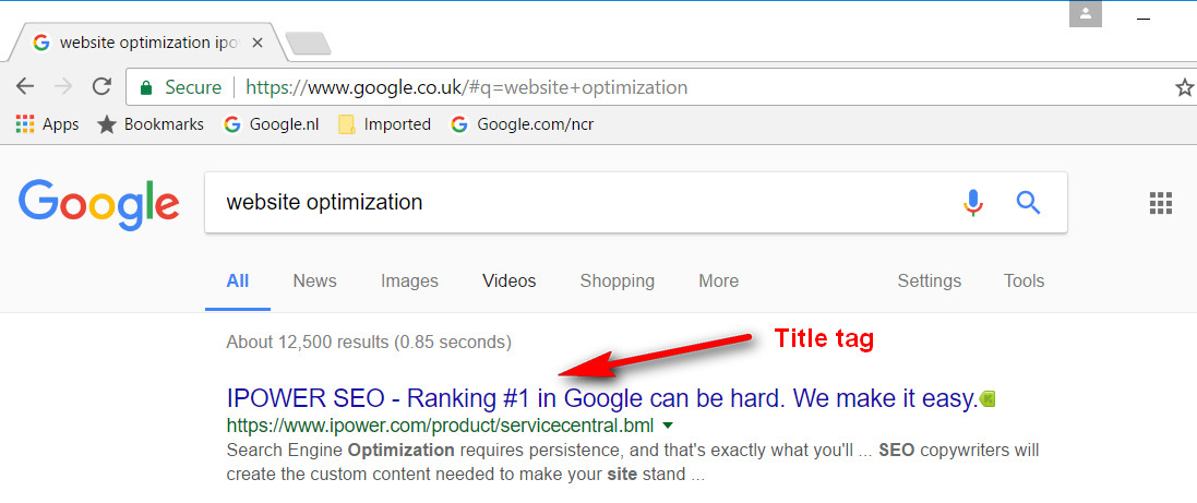 Title tag, place in Google's search results